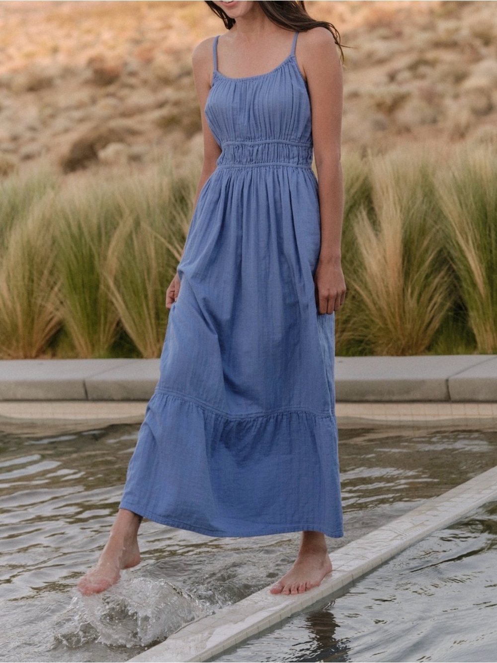 Pact Blue Organic Cotton Ruched Waist Tiered Maxi Dress Pockets Medium